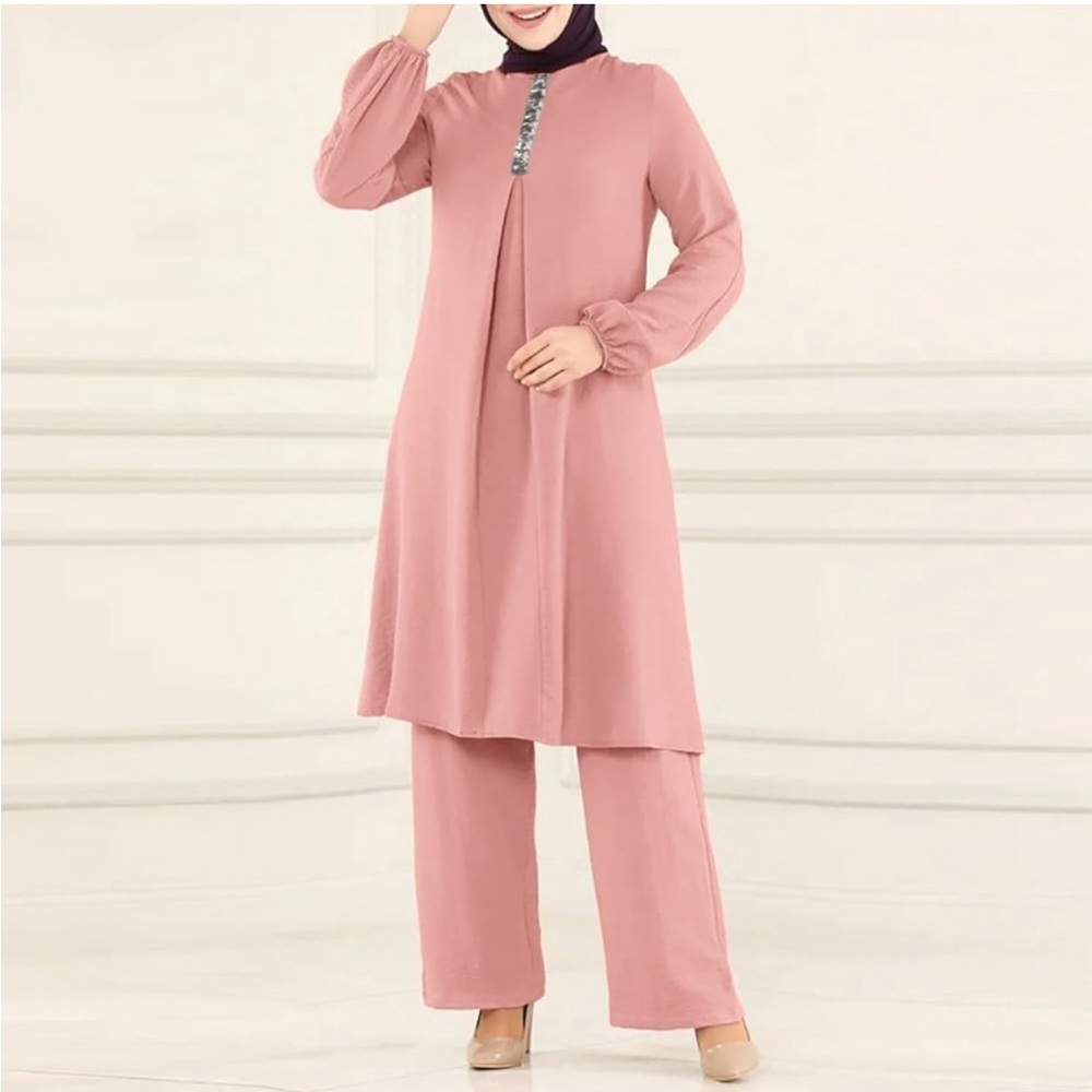 Abayas Dress For Women Muslim Long Sleeve Loose Top Pants 2 Pcs Matching Sets